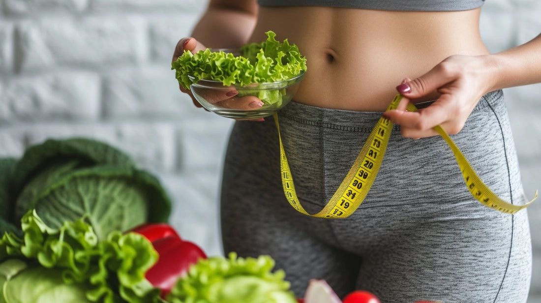 Healthy balanced meal with vegetables, protein, and carbs on a plate beside a food diary and measuring tape, symbolizing flexible dieting for sustainable health.