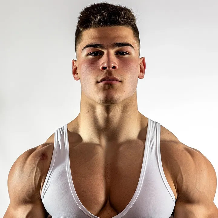 Various steroid vials and syringes placed beside a muscular male torso, symbolizing strategic steroid use for bodybuilding.