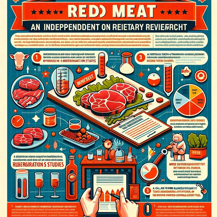 A split-screen image of raw red meat on one side and scientific research papers on the other, representing the debate over red meat in dietary science.