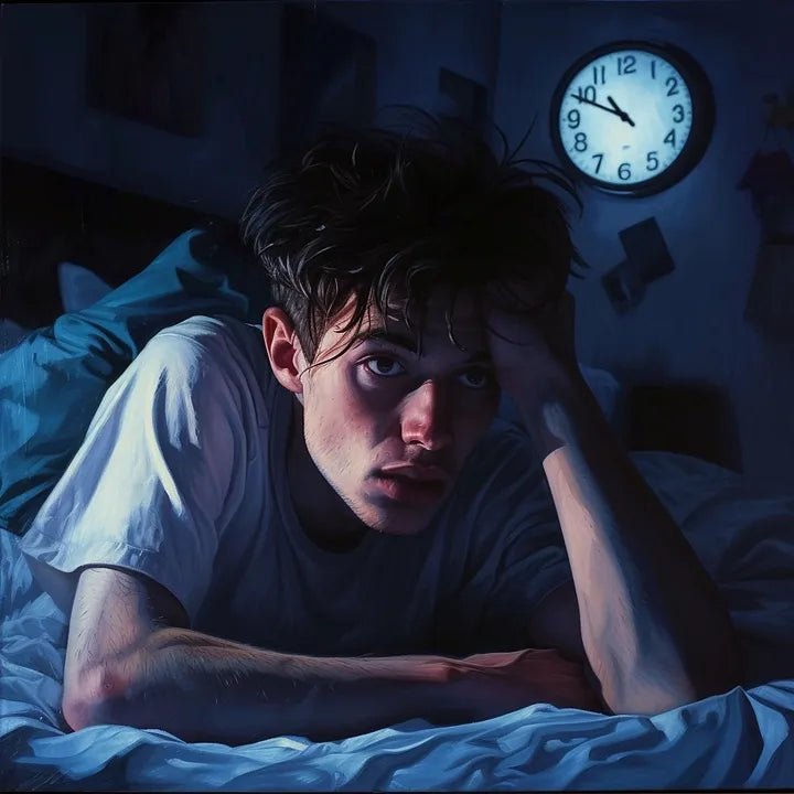 Woman lying awake in bed at night, staring at ceiling with tired eyes, symbolizing the struggle with insomnia and sleep difficulties.