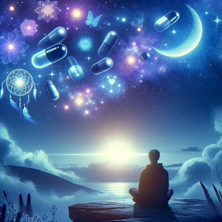 Person peacefully sleeping with a glowing dreamscape above their head, representing the vivid awareness of lucid dreaming.
