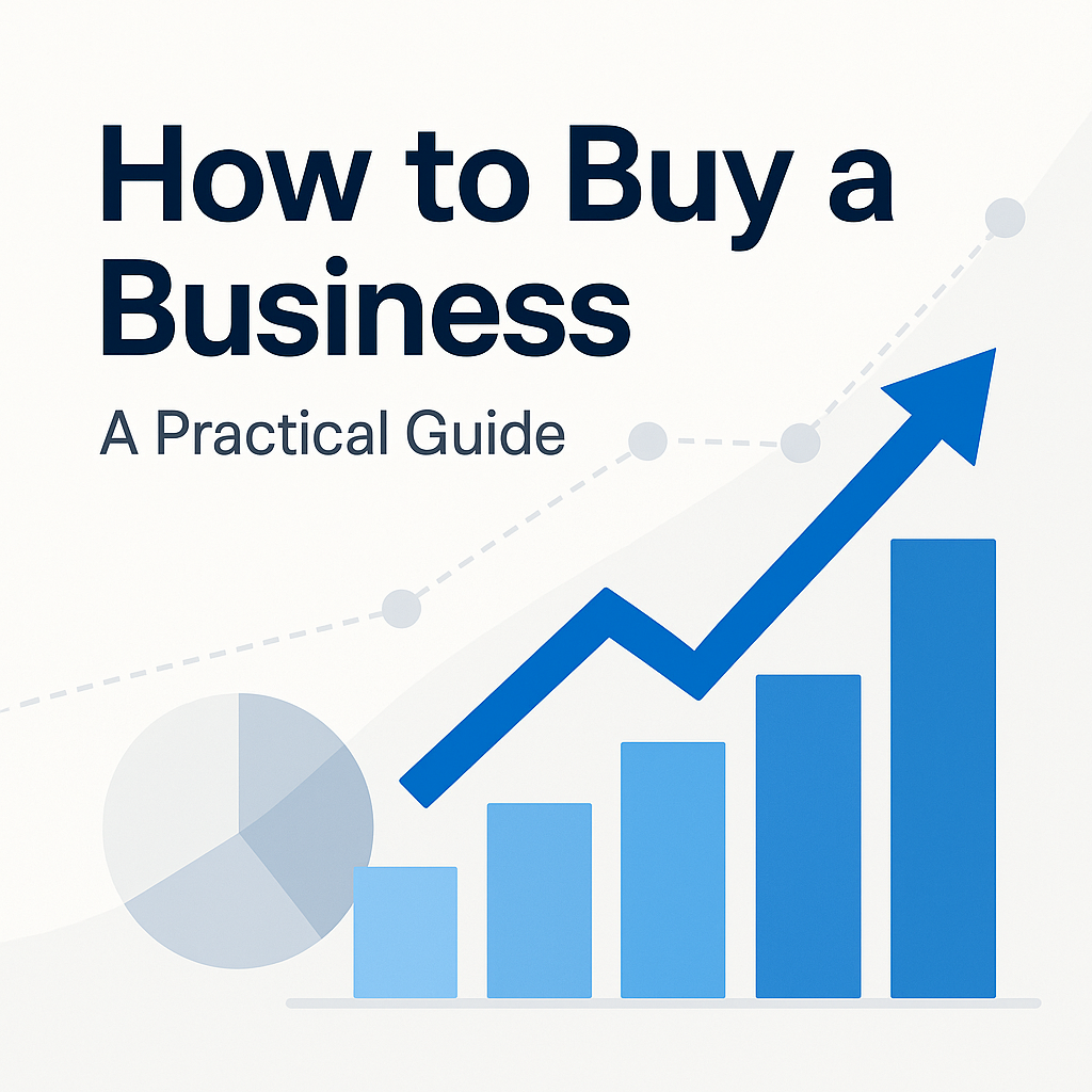"How to Buy a Business: A Practical Guide" in bold dark blue text, alongside a blue upward arrow, bar chart, and pie chart on a light gray background.