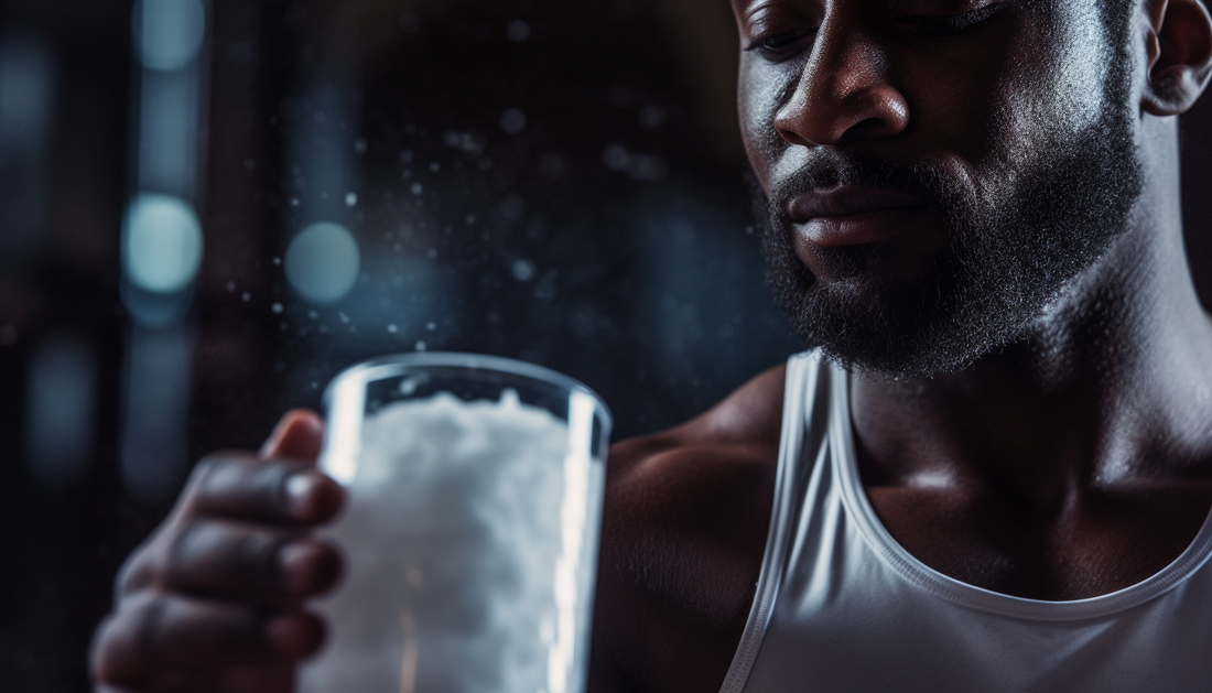 Sodium bicarbonate powder in a scoop next to gym equipment, symbolizing its use as a performance enhancer in high-intensity workouts.